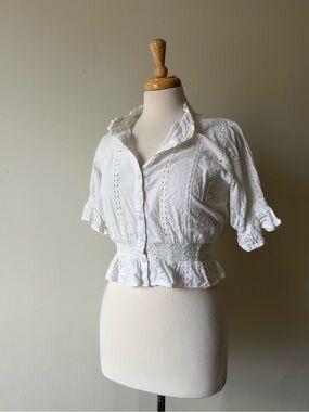 Rebellion Again White Eyelet Peplum Blouse Cottagecore Cotton